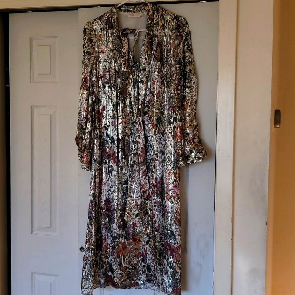 Tory Burch metallic floral print dress with belt